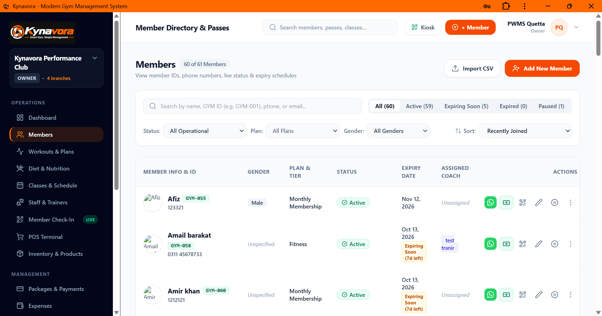 Kynavora member management dashboard for managing gym and fitness business members