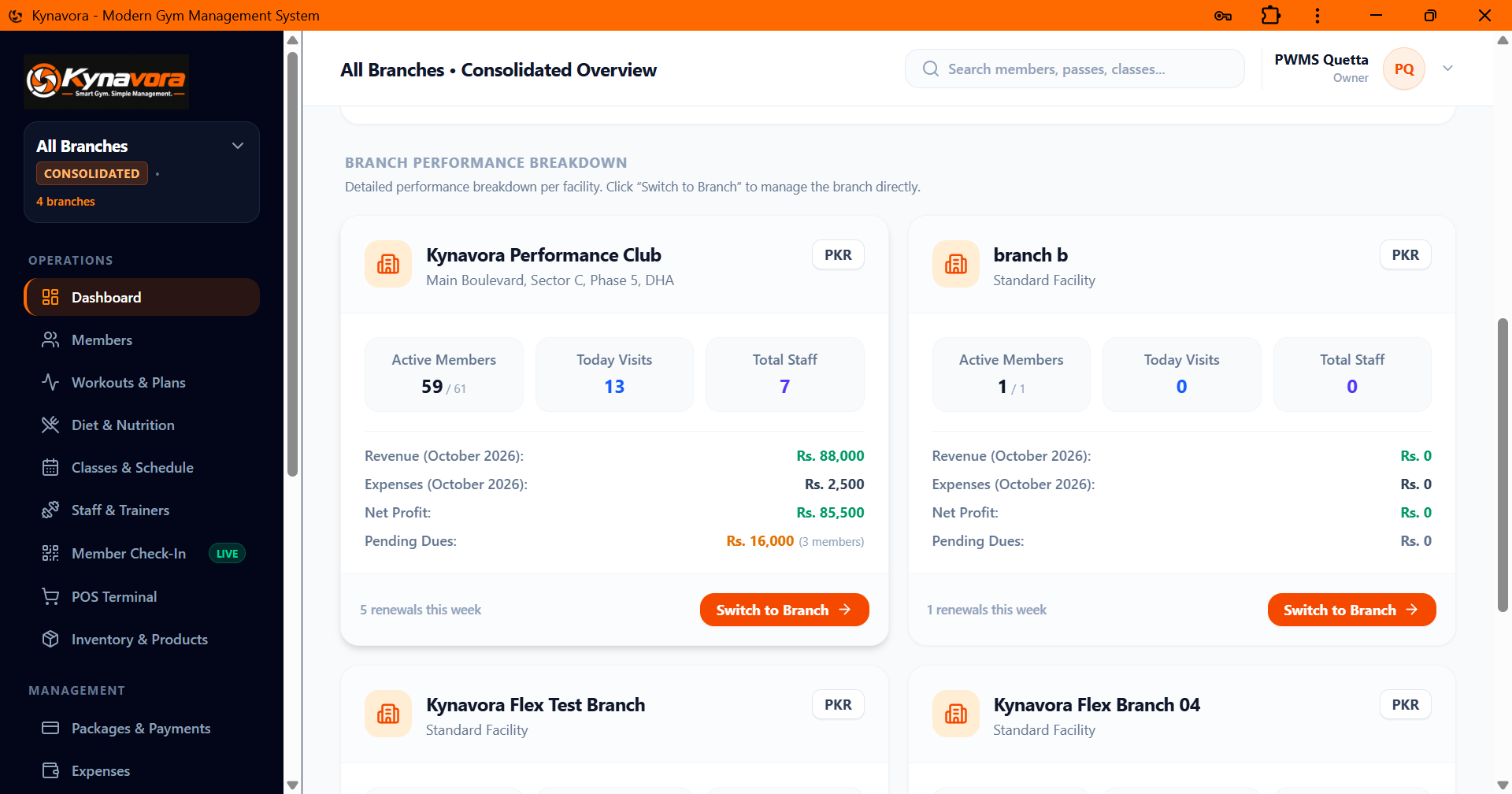 Kynavora branch switcher for managing multiple gym and fitness business locations